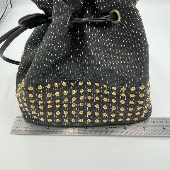 DAWLI Gold Metallic Studded Black Leather & Fabric Crossbody Bucket Purse Bag - Picture 5 of 9